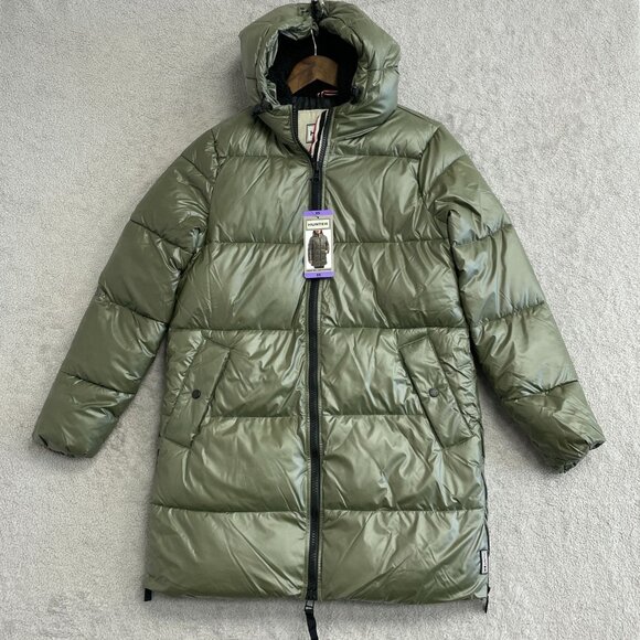 NEW Hunter Women's XS Mid Length Puffer Coat Olive Green Full Zip Hooded - Picture 5 of 13
